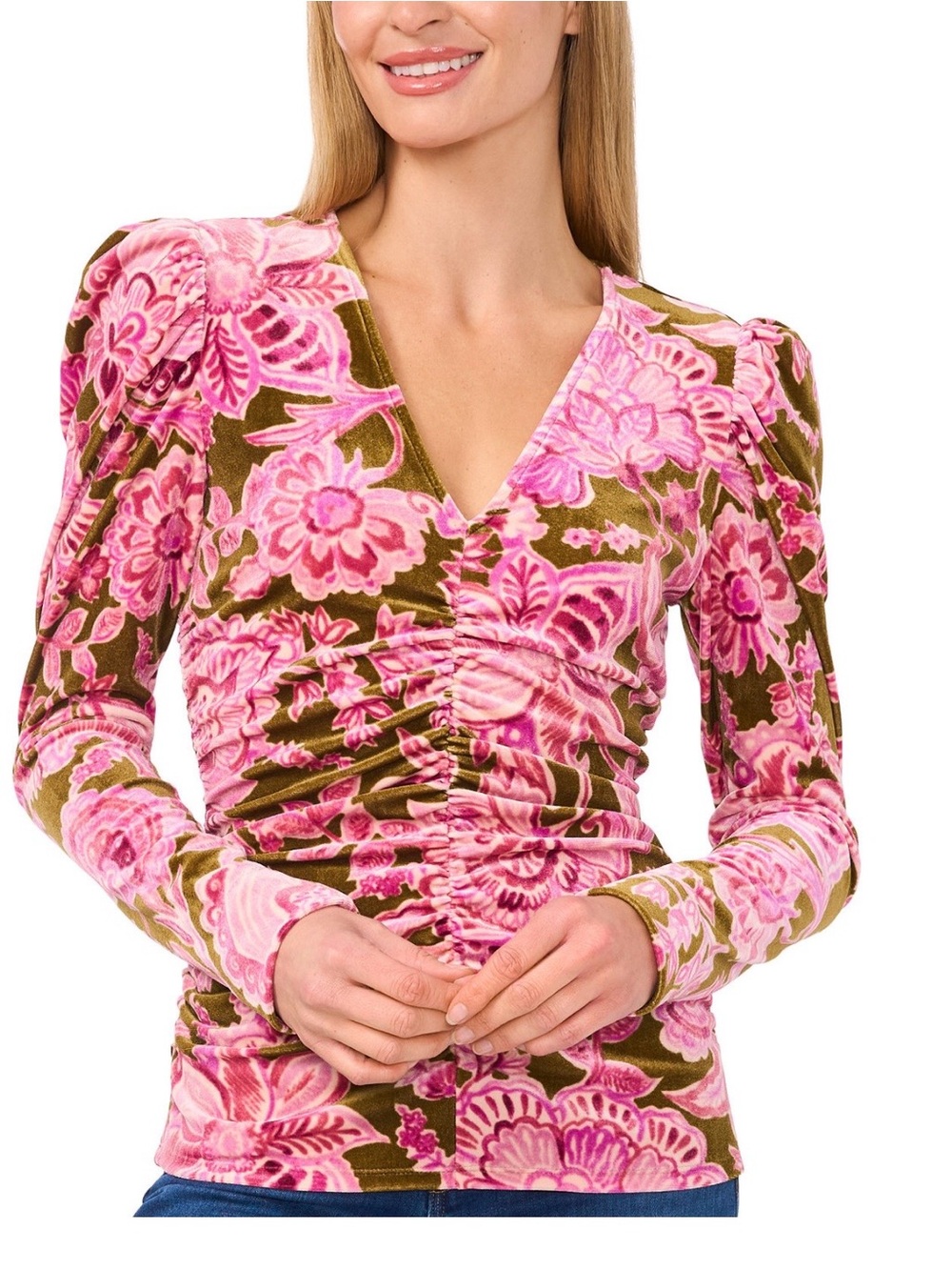 NWT CeCe Velvet Floral Ruched V-Neck Top XS Pink Long Sleeve